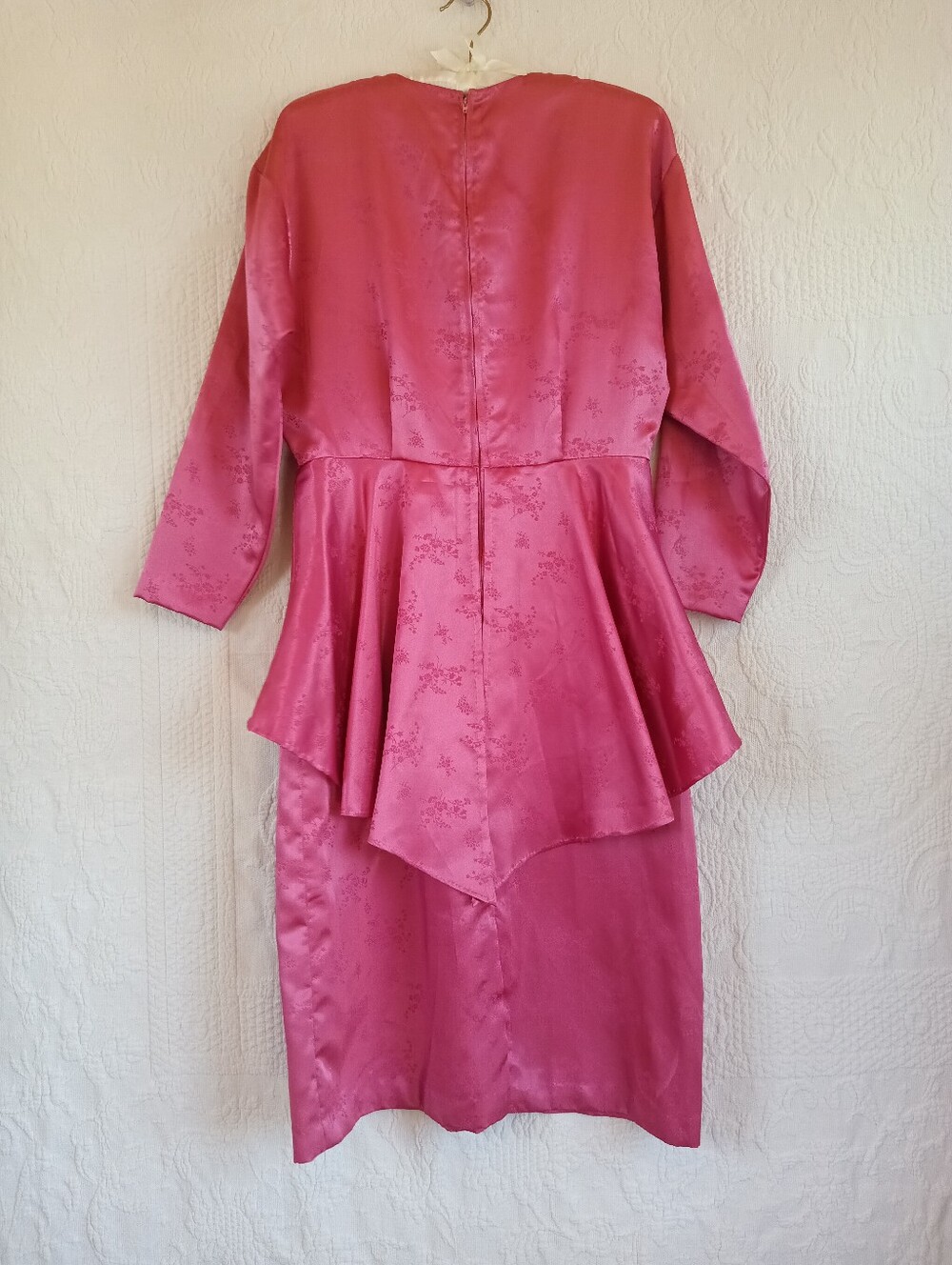 Vintage Pink Peplum Long-Sleeve Midi Dress Satin Floral 80s Barbie Girl OOAK 10 - Picture 10 of 16